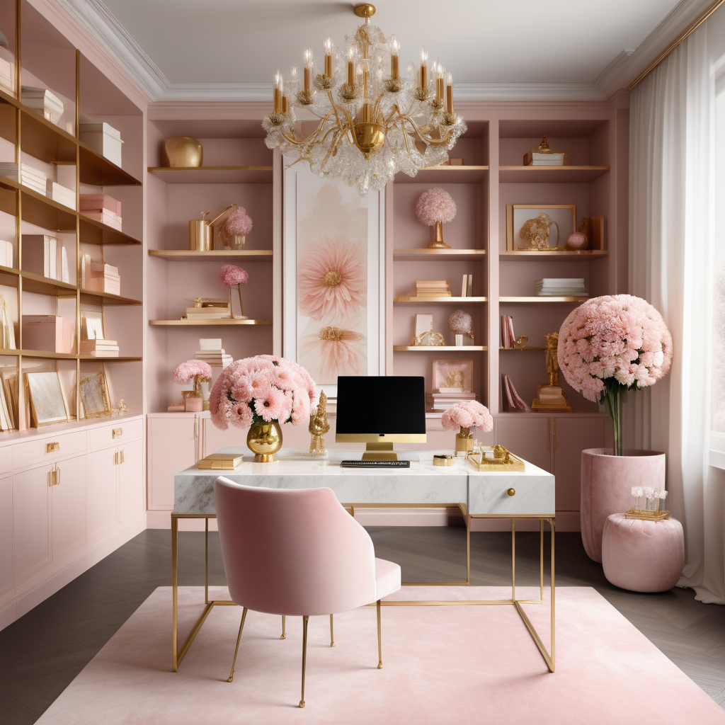 hyperrealistic image of an elegant home office interior with floor to ceiling brass shelves  full of trinkets and books, a bouquet of crysanthemum, a crystal chandelier, a pink velvet desk chair with brass legs at a white and brass desk, a statement piece of art, in a beige, dusty pink and brass colour palette