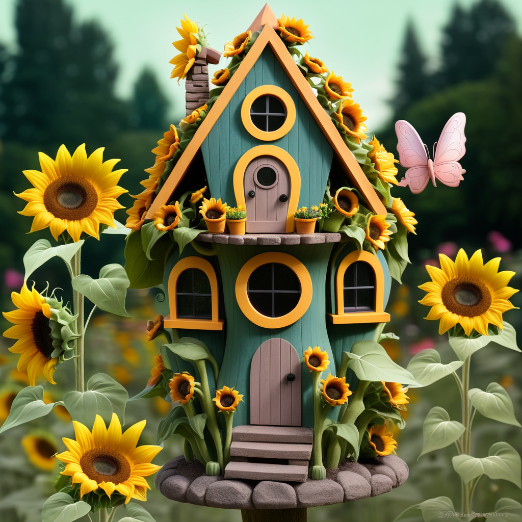 sunfloers with a fairy house