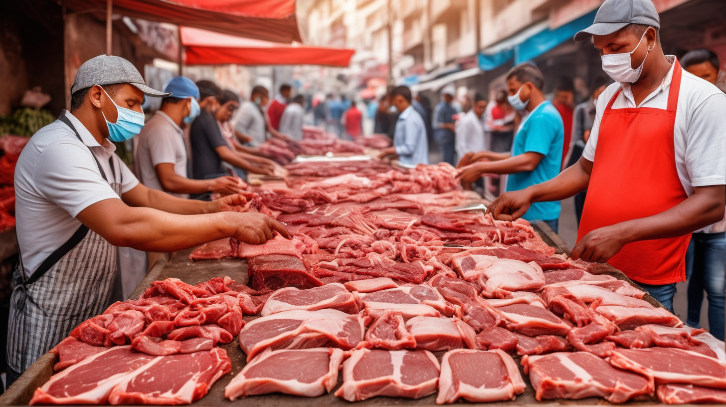 people choose fresh meat from street vendor