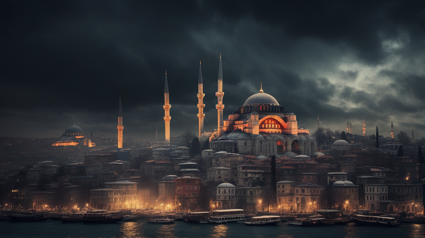 /imagine prompt: Historic Cityscapes, Istanbul, Turkey, year 1500, with its ancient roman structures –v 5.2and the overall moody atmosphere. Use a high-resolution 16k camera with a 16:9 aspect ratio, a raw style, and a quality setting of 2 to capture this atmospheric scene. –ar 16:9 –v 5.2 –style raw