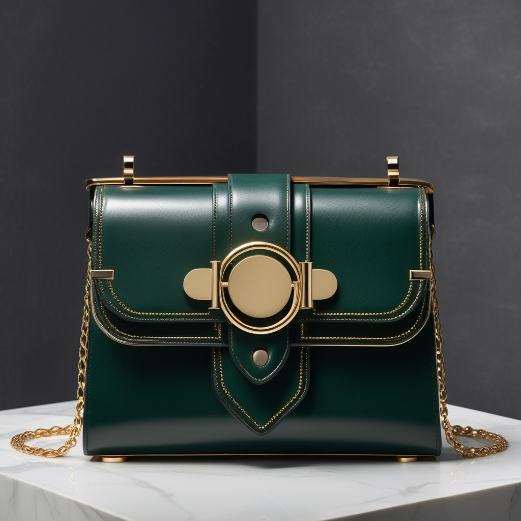 Neoclassic inspired luxury small leather bag with flap and metal buckle- geometric shape - frontal view - dark green leather with gold circles