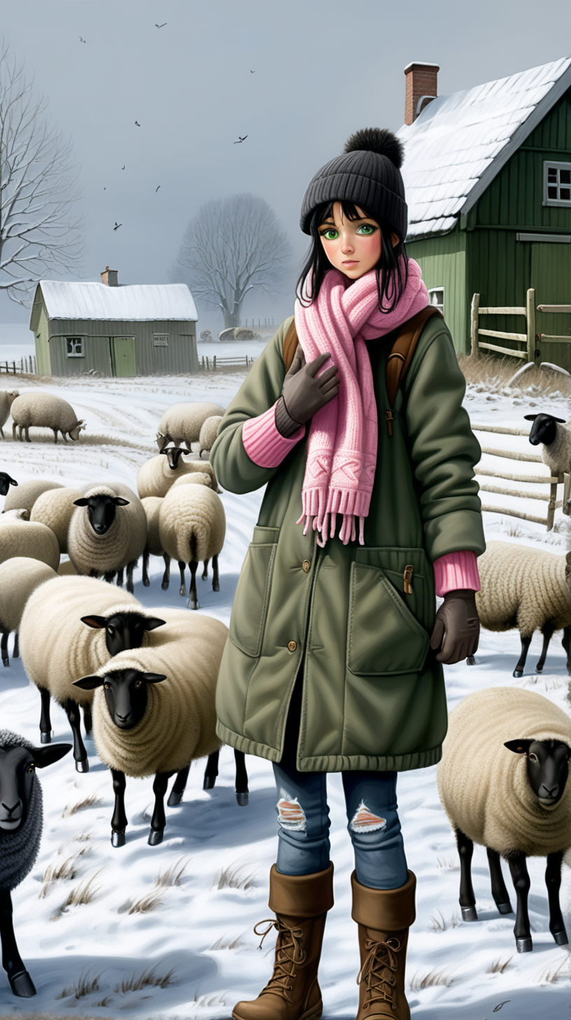 Deep winter. Snow everywhere. The young woman with green eyes and black hair digs in the fields and looks after animals. Everything is muddy - next to it there is an old and broken shack with black smoke coming out of the chimney. A wooden shed. Next to it is a stable - full of sheep and animals. There are also bales of straw. It's winter, it's very studenty. The girl is wearing a torn and torn dirty white woolen sweater, dirty mud-stained jeans, wearing a quilt and a knitted hat. On his feet are worn muddy and dirty rubber boots, from which white dirty knitted woolen home-made socks are coming out. Dressed with thick quilting in a dirty green color. There is a torn knitted pink scarf - dirty from the mud. He also wears funny knitted gloves.