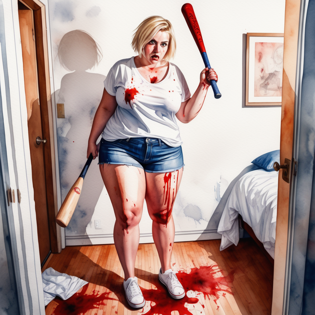 pov image by big Sexy curvy blonde woman, short hair in a white shirt and denim shorts and white tennis shoes with a baseball bat in her bloody hand in in an apartment room, image based in watercolor paint.