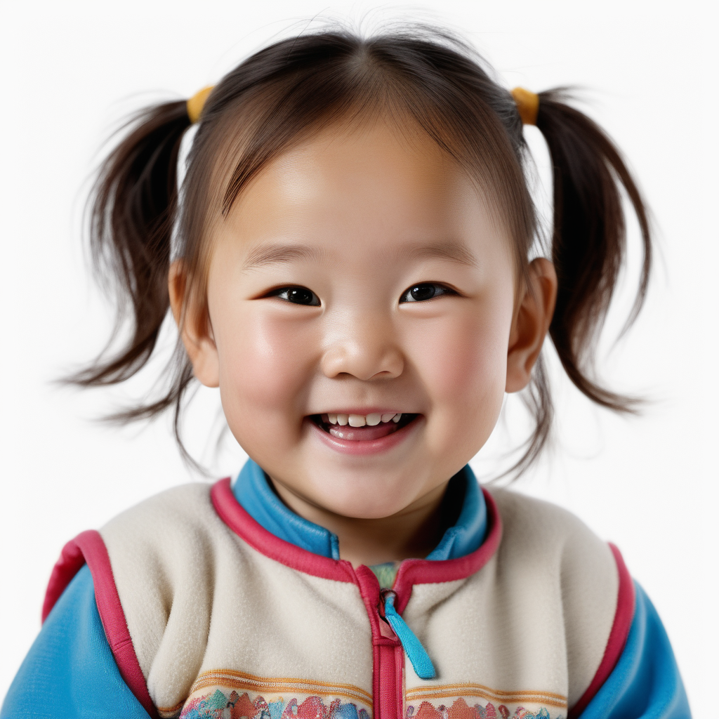 bílé pozadí_reálná tvář_dítě 3 roky_ holka_Mongolsko_charakteristický vzhled_bez čepice_usmívají se_je vidět celá hlava