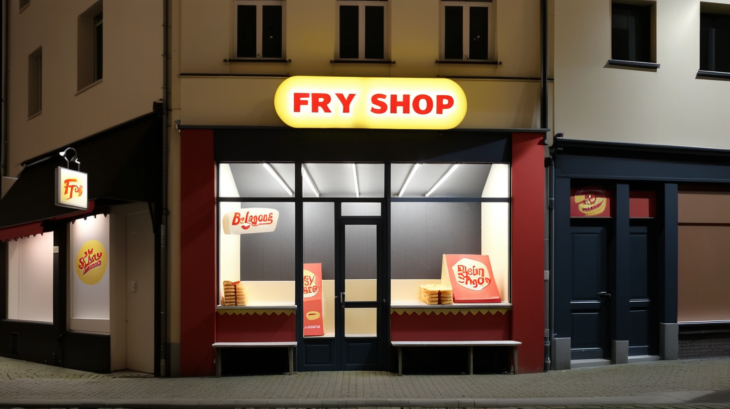 Belgian fry shop empty facade night