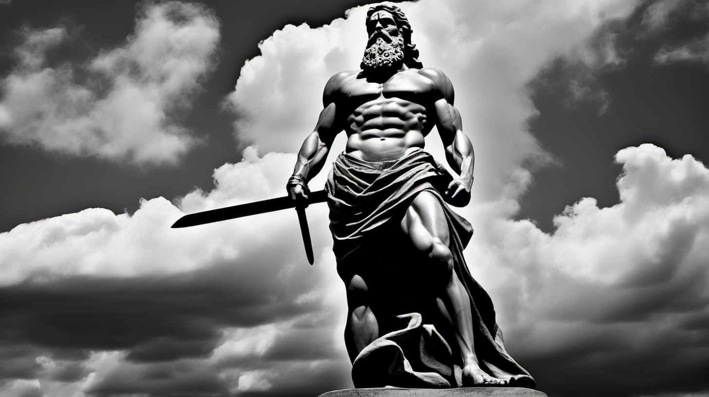 ﻿
Image of a full-body statue depicting a muscular, long bearded man with sword black cloud background. The statue should be in the style of ancient Greek art, characteristic of Stoicism. It should feature clothing elegantly draped over one shoulder. The background should be dark, highlighting the statue as the central element. The statue must demonstrate exceptional
craftsmanship, with intricate details visible in the facial features and attire. The image should have a dramatic feel, achieved through the interplay of light and shadow. The perspective should be a wide shot.