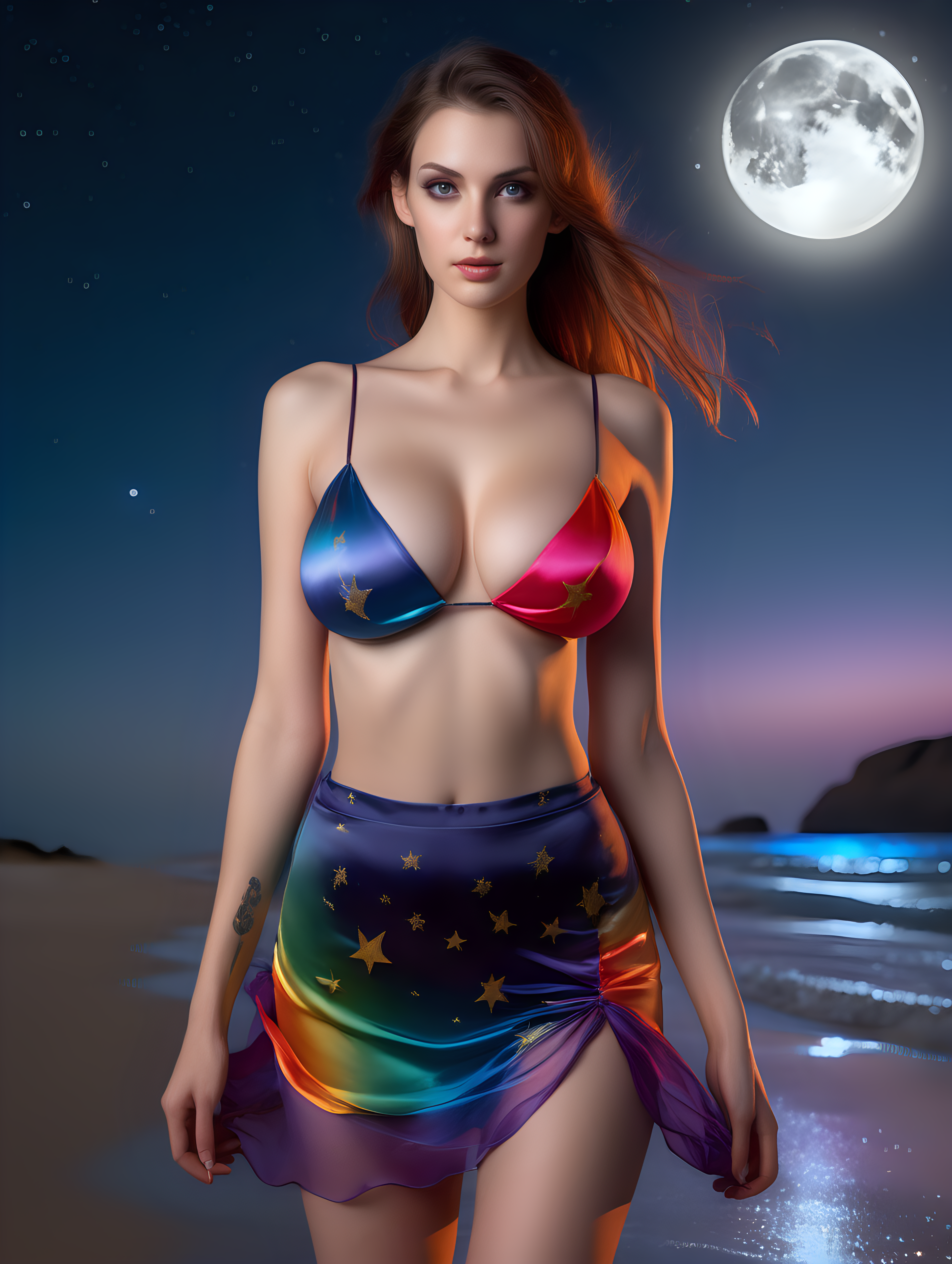 ultra-realistic high resolution and highly detailed adult film photoshoot of a slender female human, with massive firm breasts, she has draconic symbols on her arms and body, wearing a colourful transparent open front silk top and a short colourful silk skirt, walking on a beach with a starry sky and the moon in the background, looking at the camera