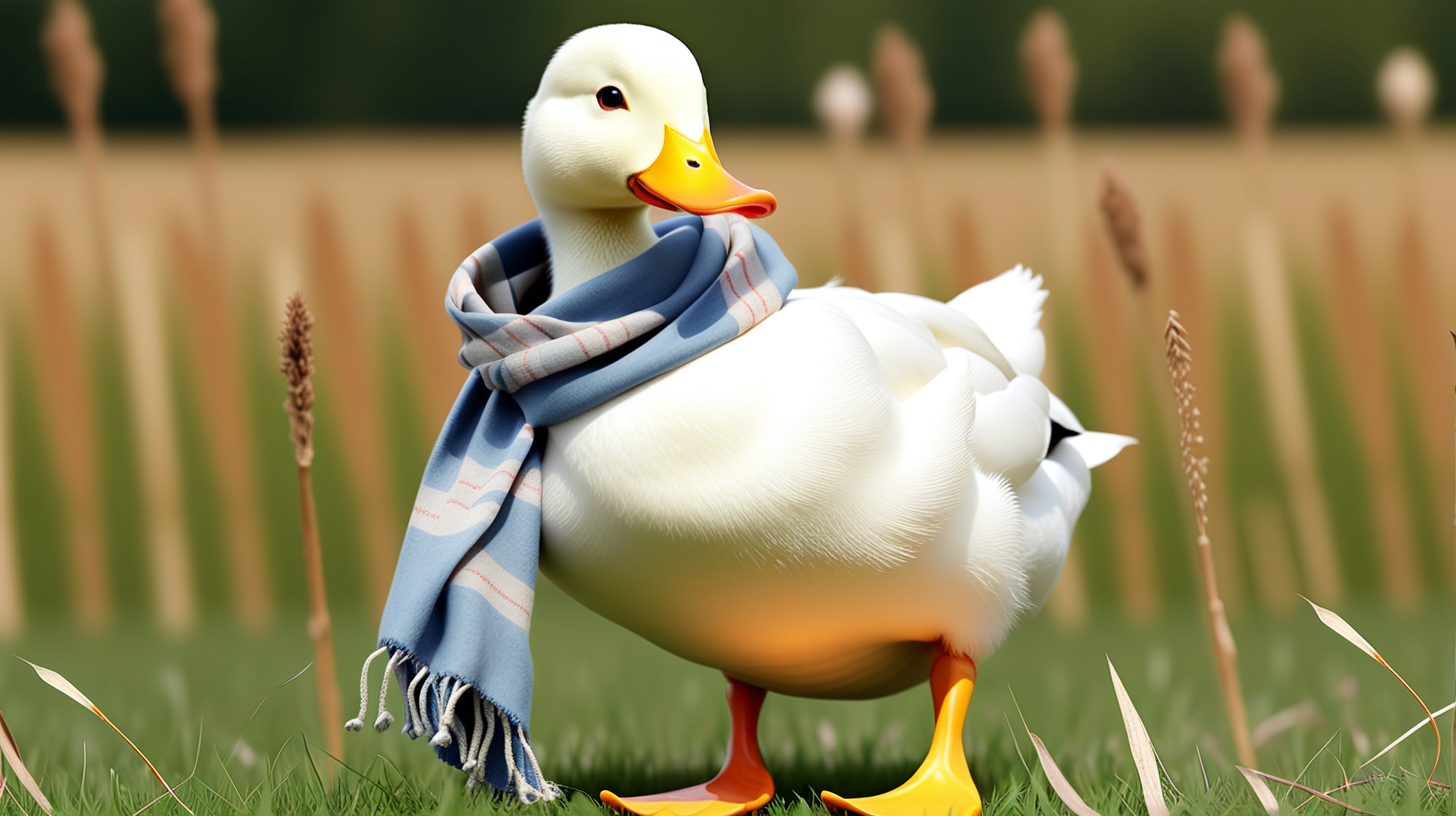 Describe a white duck with scarf looking for a nest in a field.