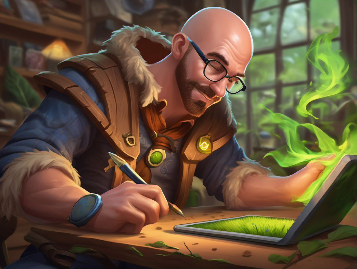 Digital art in the style of hearthstone card art. The subject is a male character on his 30s bald doing digital art on a wacom. The scene takes place in a office with natural elements such as things made of out of trees or grass.--v 5.3