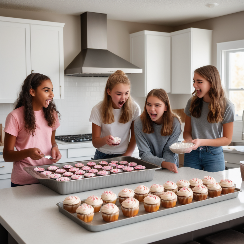 Four teenage girls are baking cupcakes. The kitchen is large. It has a large island. The island is covered in baking tools. A baked tray of cupcakes is on the counter. One girl is icing the cupcakes. The other three girls are chatting. We see them from behind.