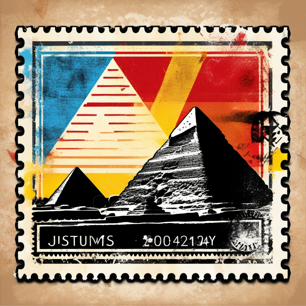 stamp with giza pyramids, egyptian flag colours, abstract, colourful, disstressed edges
