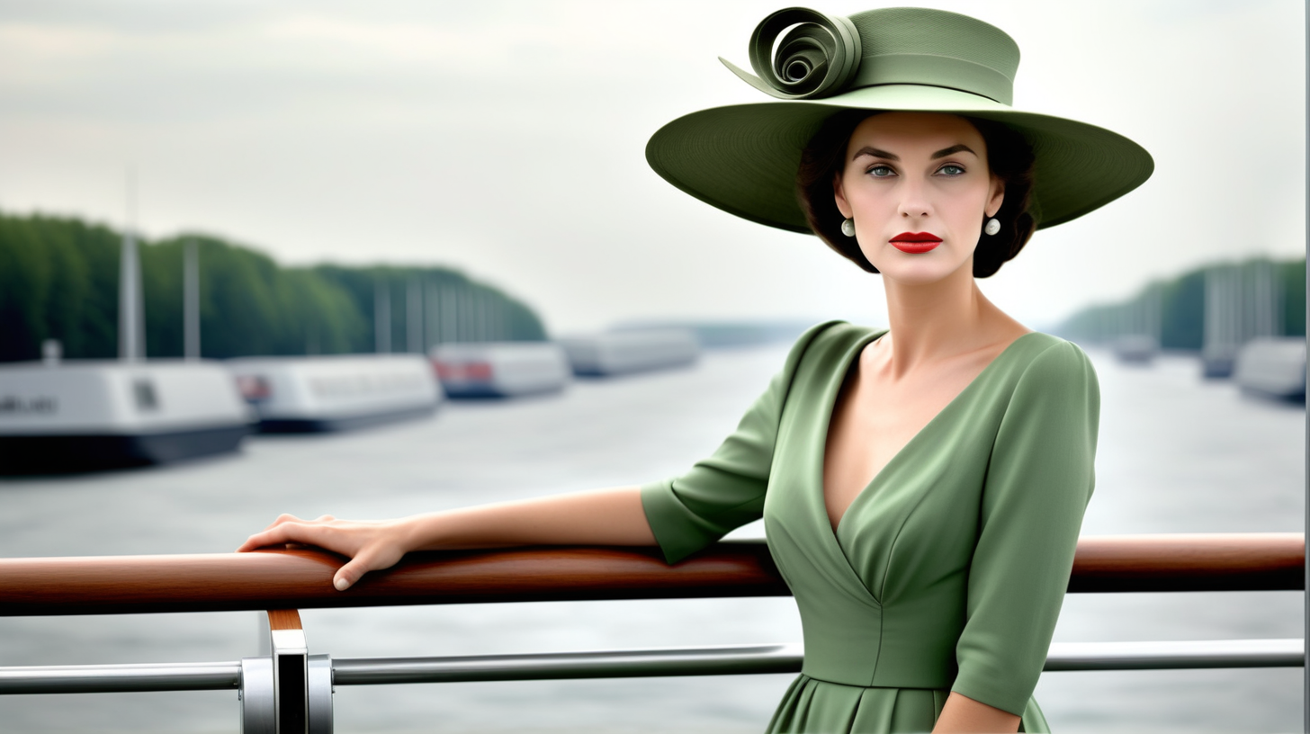 The brunette woman wearing  a long green dress from Armani and in stylish hat stands on the upper deck of a cruise ship  and looks into the distance 