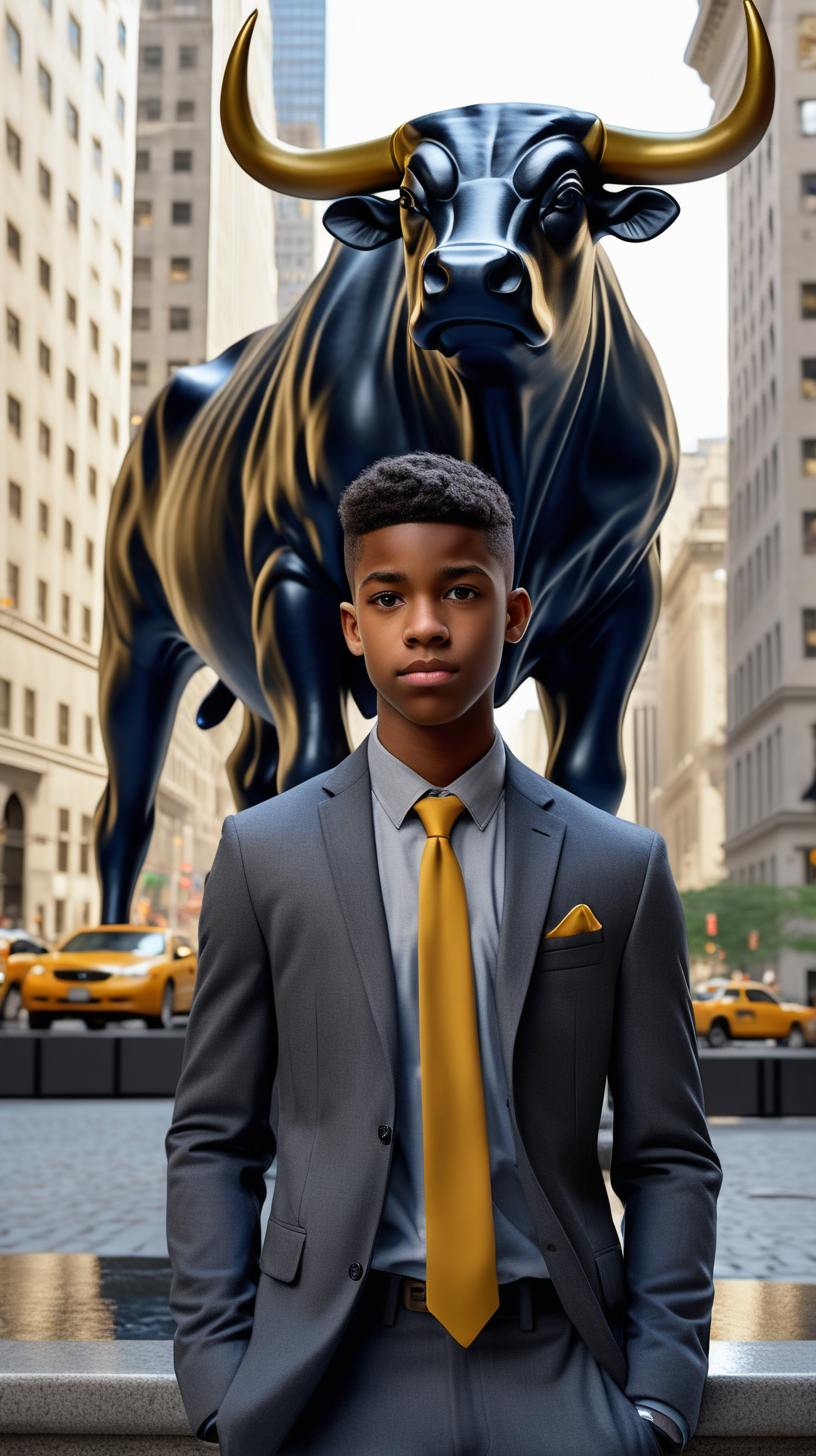A handsome, intelligent black, male, teenager, with short hair, faded on the sides, wearing a mustard, Necktie, wearing a  dark blue, dress shirt, Wearing a Grey Flannel two piece, gently tailored suit, standing in front of, The Bull statue, on Wall street, in Ultra 4K, High Definition, full resolution, hyper realism