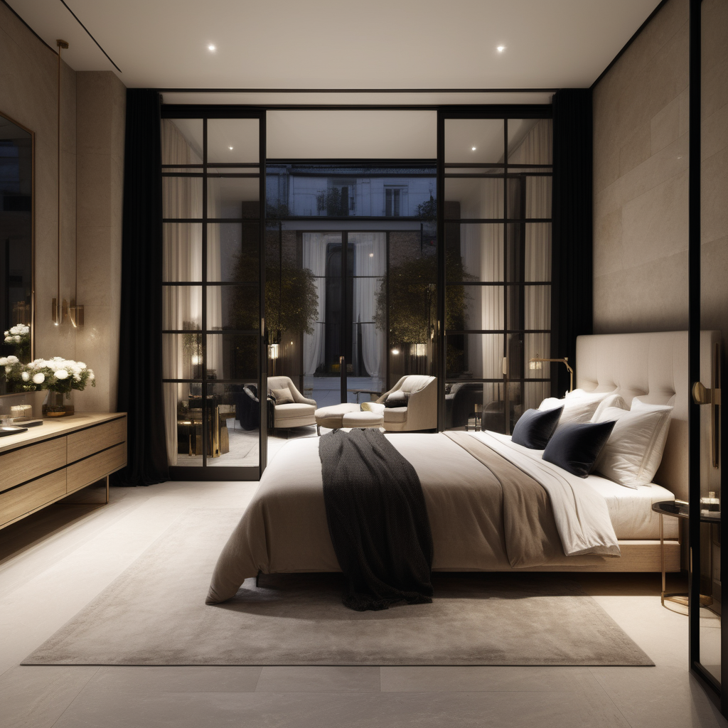 hyperrealistic of an elegant modern Parisian Master Bedroom at night; large glass doors opening to the private courtyard with garden beds; vanity table; kind bed; floor to ceiling windows ; curtains; mood lighting;  Limestone flooring; beige, oak, brass and accents of black colour palette; modern brass pendant light
