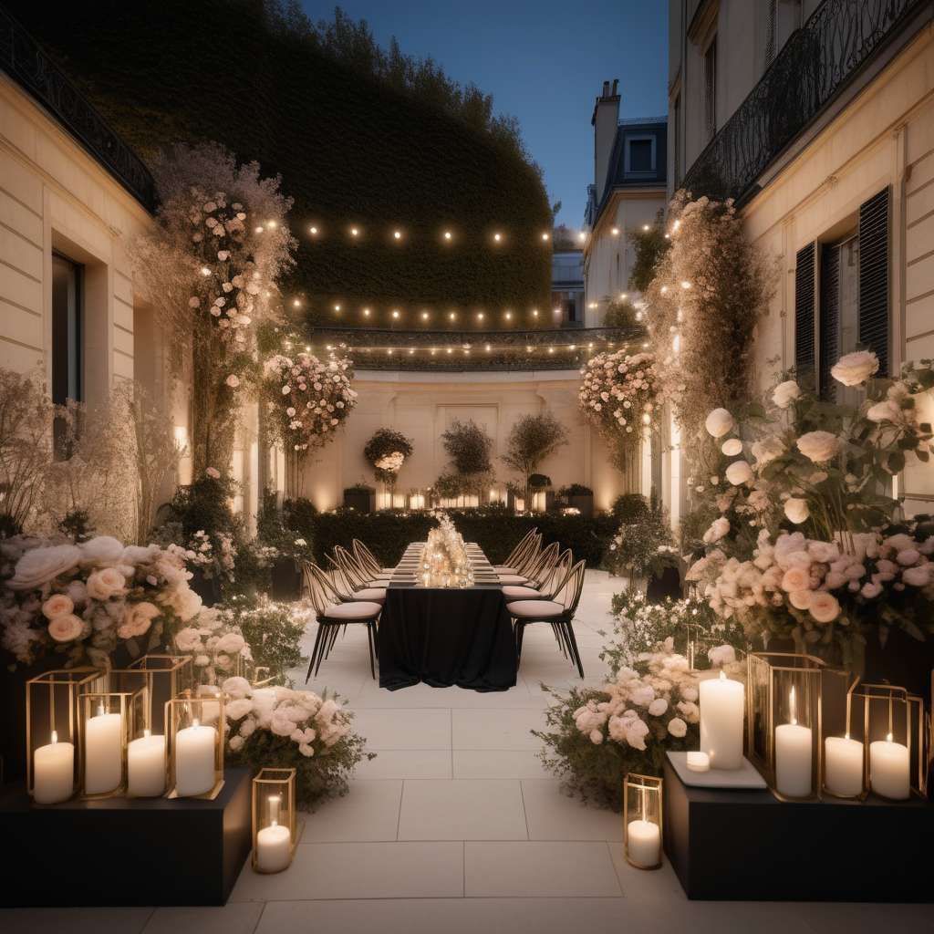 a hyperrealistic of a grand Modern Parisian large open backyard set up for a romantic dinner party in a beige oak brass and black colour palette with  flowers and candles and mood lighting
