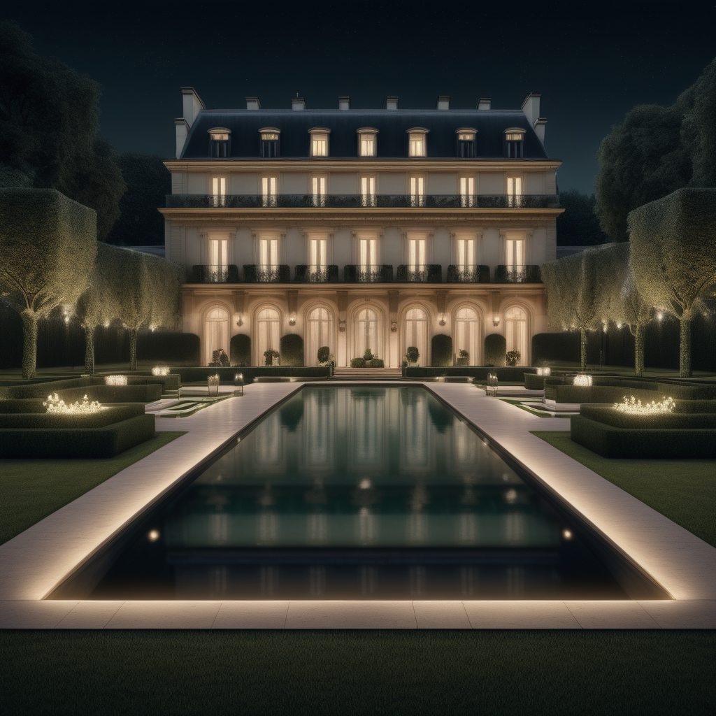 hyperrealistic image of a grand modern parisian estate pool at night; mood lighting; lush sprawling lawn and gardens; beige, oak, brass and black;
