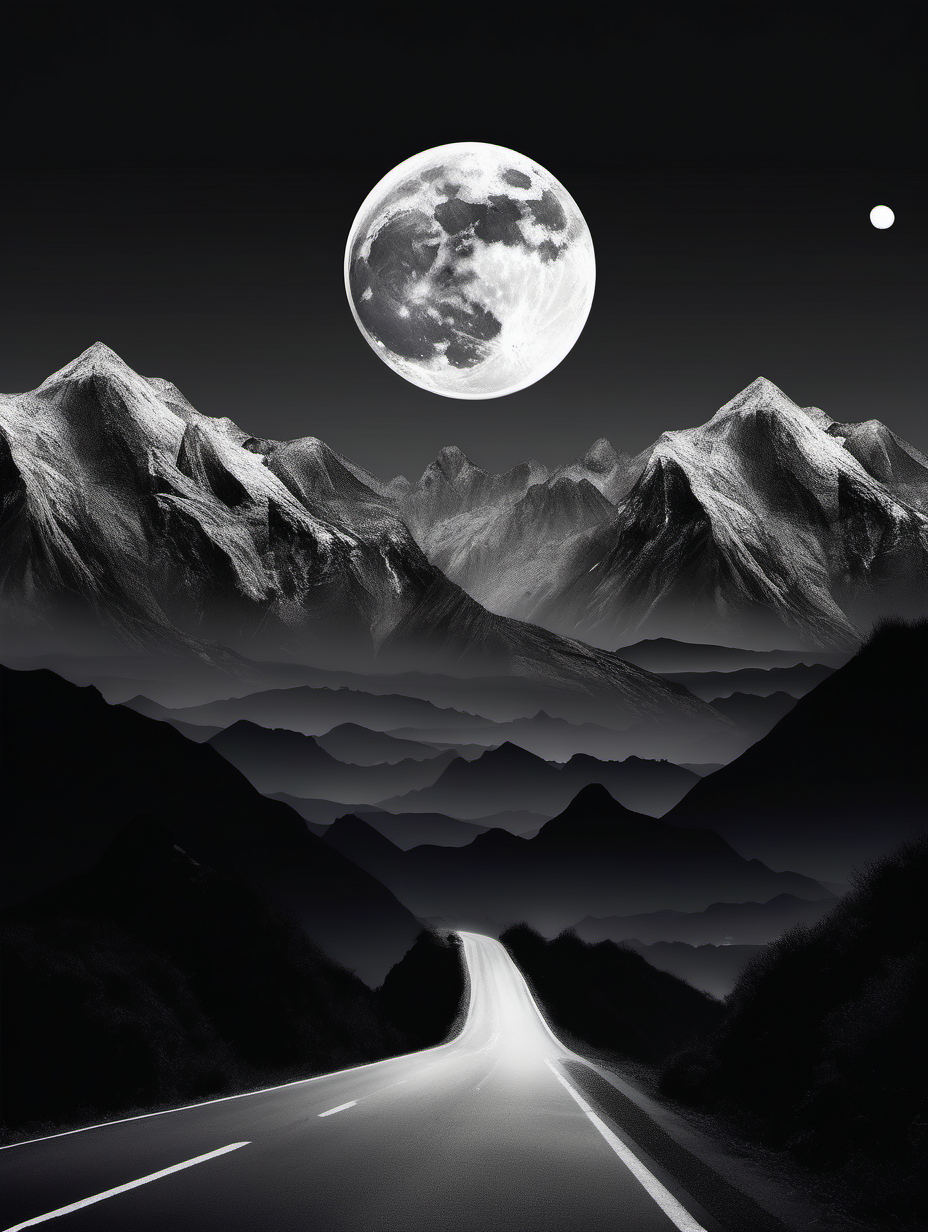 mountains and a full moon behind/above black and white themed
and a road cilmbing these mountains