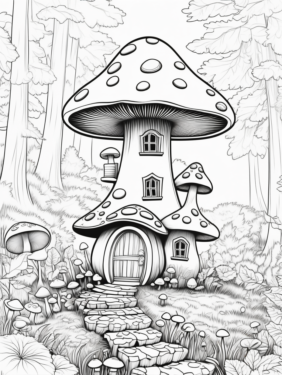 mushroom house in the forest coloring page no