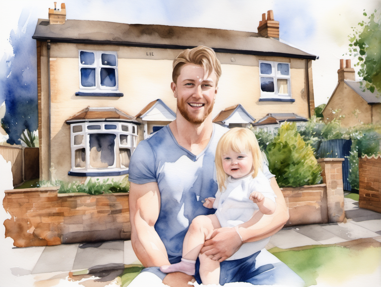 A water Colour painting of baby Lillie outside a semidetached house with a long brown haired, chubby pretty 25yr old mum and blond, handsome, 25 yr old dad
