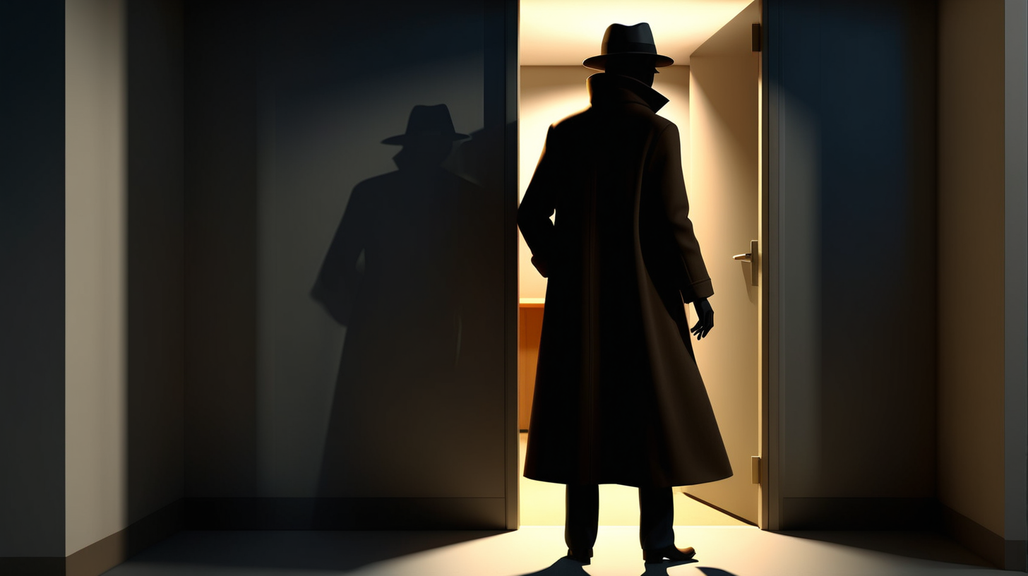 3d, shadow figure in a hat and coat, mysterious, no gender,  in a doorway,  office building, low light