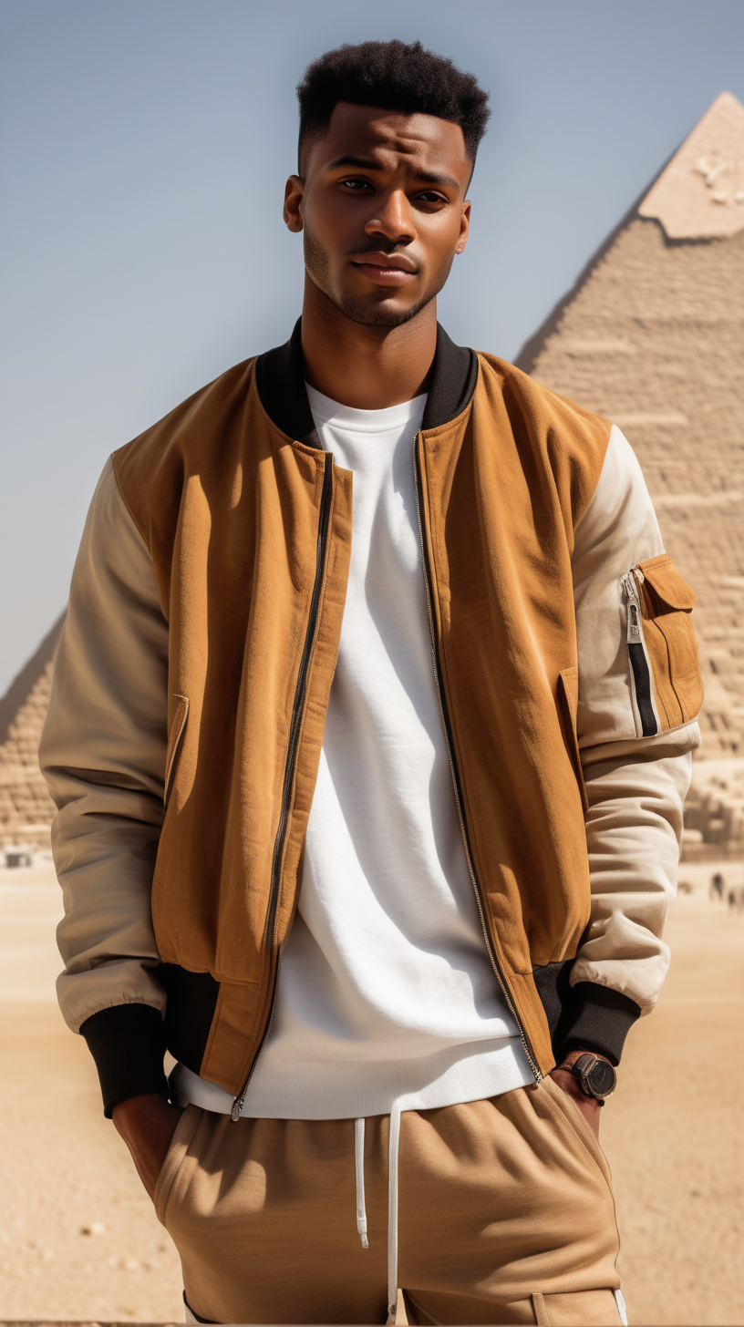 A handsome, young, African American man, wearing short, black hair, wearing a Camel Tan, cut and sew, bomber jacket, standing against the Pyramids of Ghiza, background, Facing  the camera, wearing a light, pine colored, linen, dress shirt, wearing a white tee-shirt, wearing Taupe Brown, Corduroy joggers, lighting is over the right shoulder, from behind, pointing down, ultra 4k, render, high definition, light shadowing