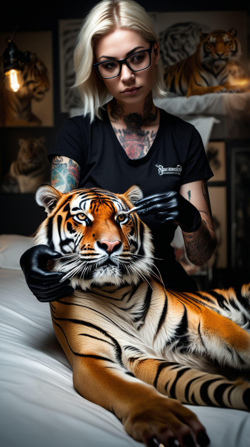 /imagine prompt :An ultra-realistic photograph capturing a sureal Tattoo performance scene. a human tattooing a tiger 
<camera> canon 5d mark III, equipped with an 85 lens at F 5.8 aperture setting
<location> a  tattoo studio beside an crowed street
<light> Soft spot light gracefully illuminates the subject’s body, casting a dreamlike glow.
/describe : a beautiful  woman that she is a tattoo artist with glasses and black shirt ,has black nitrile gloves, has a black surgical mask, seated beside the  client bed and tattooing on a real tiger's body! a golden tattoo machine in his hand.
–no tattoos on head 
 woman  has natural beauty with beautiful blonde short hair  .
a real tiger laid gently on tattoo client's bed same as a tattoo client to taking tattoo on its body creating a sureal scene.
The background is black , absolutely blurred, highlighting the subjects.
The image, shot in high resolution and a 16:9 aspect ratio, captures the subject’s natural beauty and personality with stunning realism
–ar 9:16 –v 5.2 –style raw
