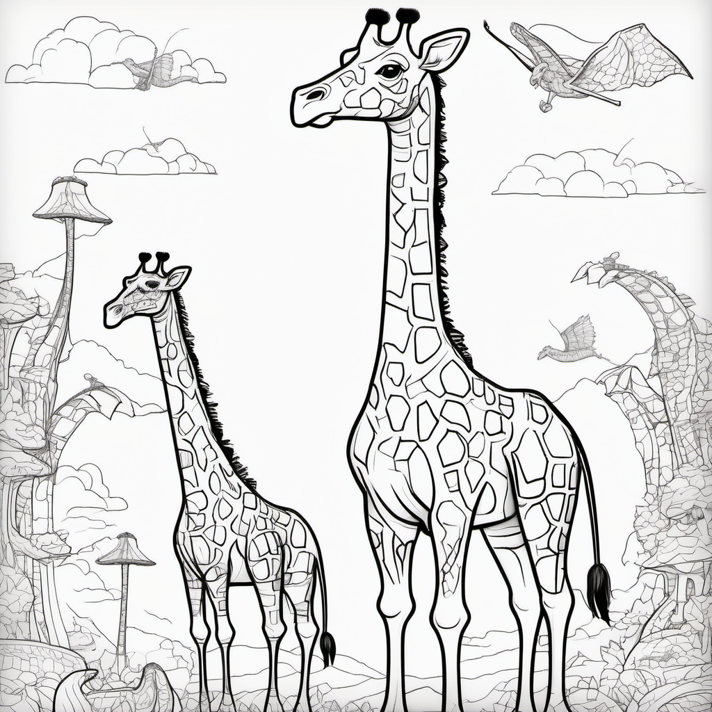 Imagine coloring page for kids Giraffe with dragons
