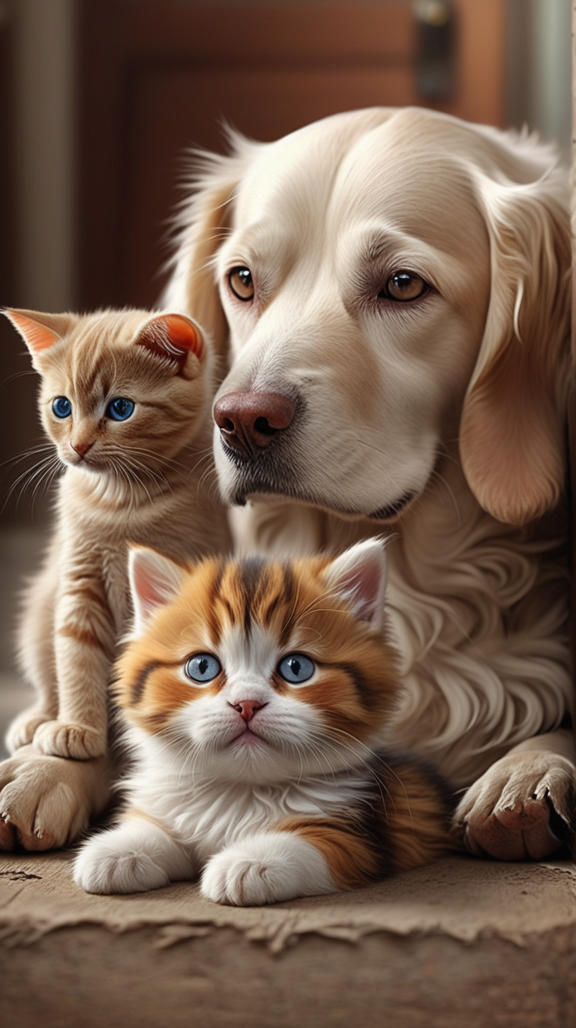 /imagine A very realist photo of  house animals like cats and dogs together