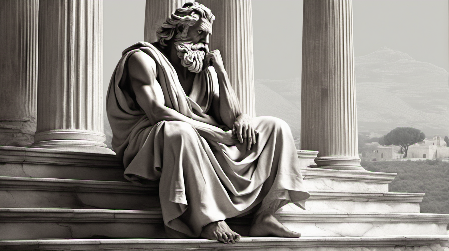 "Generate a captivating image of an elderly Greek philosopher, radiating strength and wisdom, seated on stone stairs. Capture the essence of classical aesthetics by portraying him with substantial muscles, long hair, and a flowing beard. Clothe him in a classic one-shoulder garment, evoking the iconic attire of ancient Greek philosophers. Depict the philosopher deeply engrossed in thought, with a quill in hand and parchment before him, as he pensively contemplates while surrounded by the timeless architecture of a Greek setting. Convey a sense of intellectual depth and contemplative solitude in this representation." And thinking to write something on a book with black background.