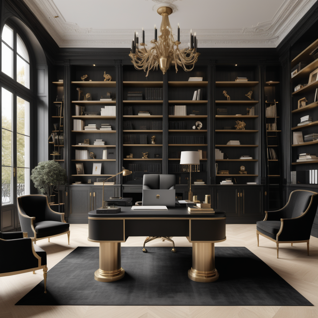 A hyperrealistic image of a grand, large,  Modern Parisian home office in a beige oak brass with accents of  black colour palette, with floor to ceiling windows, floor to ceiling bookshelves,