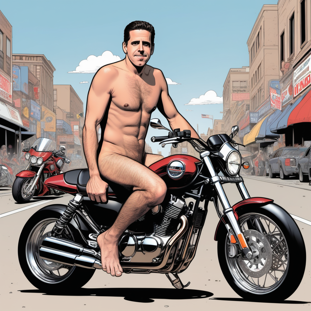 ((Hunter Biden)+ riding a motorcycle (naked)++))+ in the style of (comic book)+