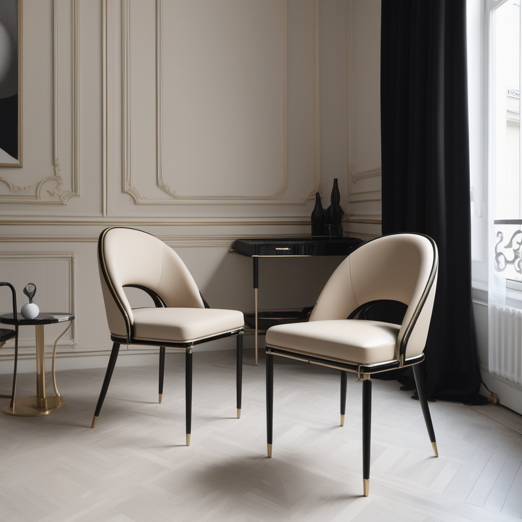 a hyperrealistic image of a modern Parisian dining chair in beige brass and black
