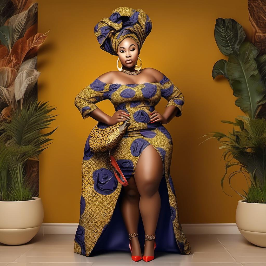 A full body effect of  realistic image of a  curvy stylish female wearing african brocade dress with headtie wearing heels and handbag that’s says : I AM BLESSED