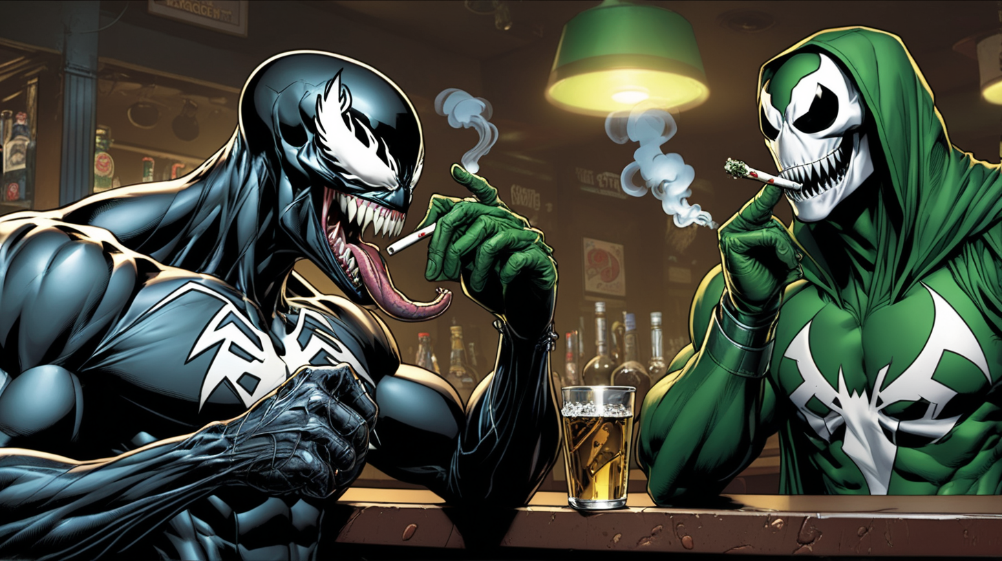 Venom smoking a joint at a bar with Dr Doom