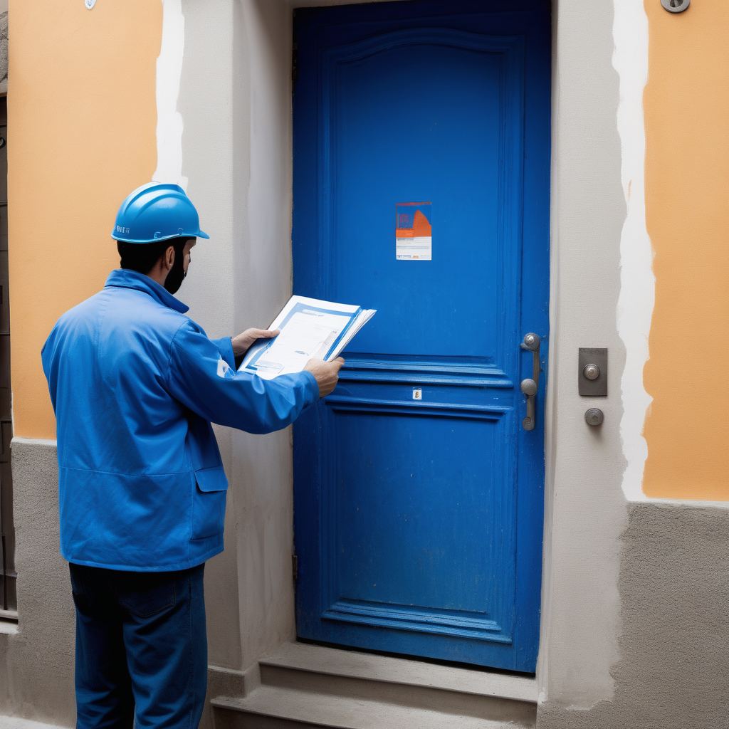 A gas supplier in blue, in front of the door of a house, holds a folder in his hands.
