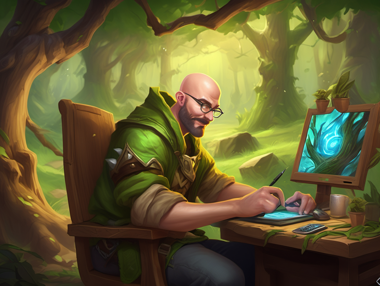 Digital art in the style of hearthstone card art. The subject is a male character on his 30s bald doing digital art on a wacom and monitor. The scene takes place in a office with natural elements such as things made of out of trees or grass.--v 5.3
