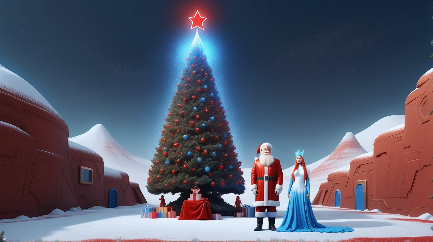 На самой большой площади Марса стоит высокая нарядная с заженными лампочкамм елка, около елки стоят Илон Маск в красном костюме санта клауса со снегурочкой-казашкой, одетой в длинную синюю шубу с короной на голове