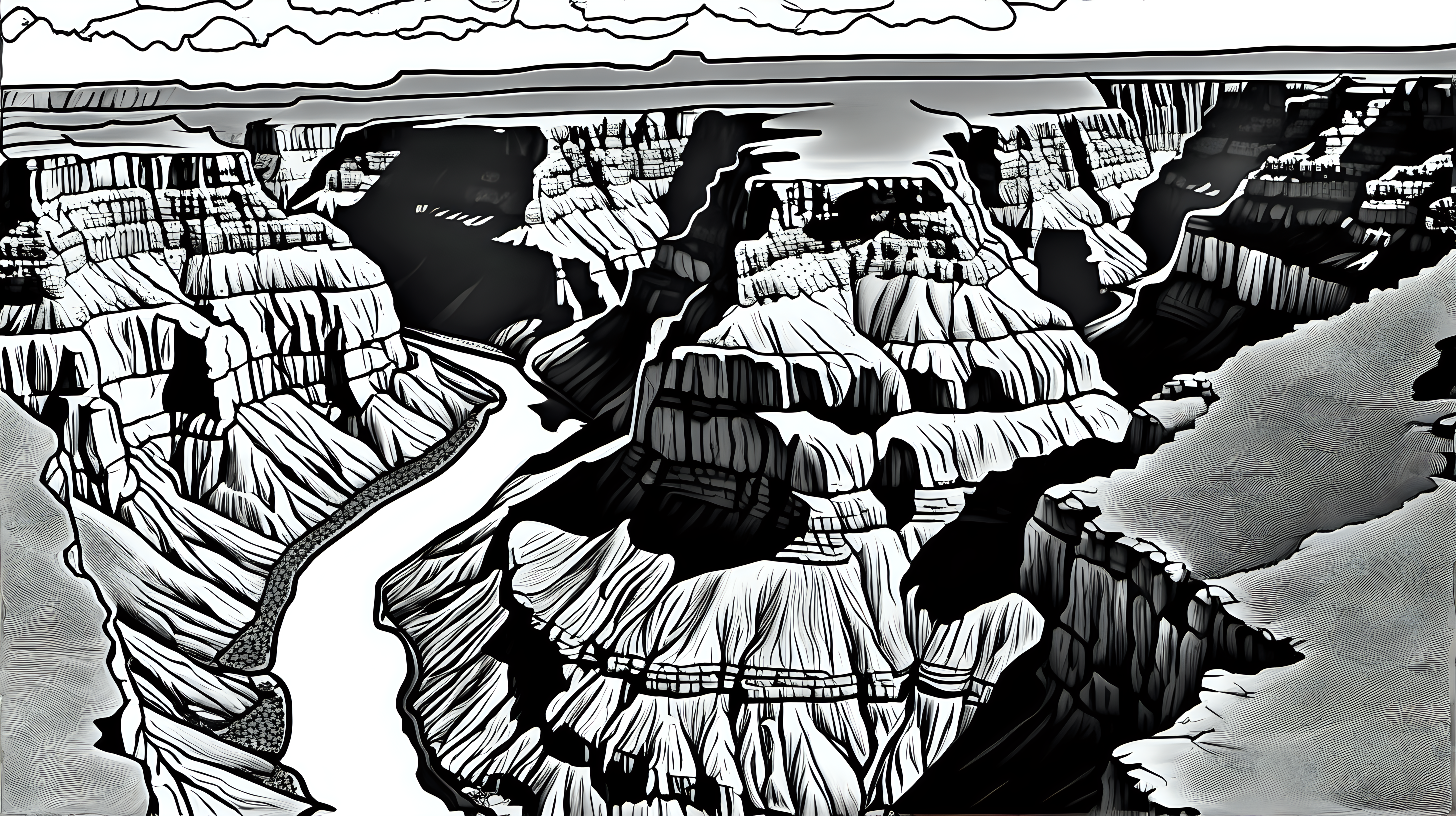 low detail coloring page of an ariel view of the grand canyon and the Colorado river 