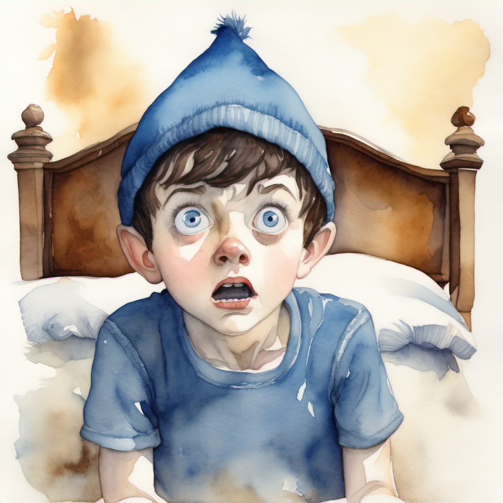 A water Colour painting of a frightened boy pixie, young, darkhaired, blue eyed wearing an acorn hat looking out from underneath a bed

