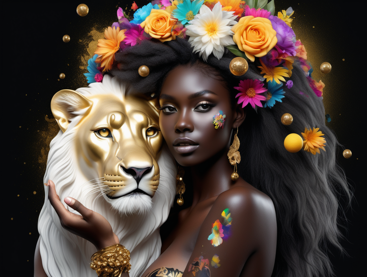 abstract exotic super black Model with soft colorful flowers, the colors of the flowers leak into her hair. 
 add She is holding a toy top in gold
she is looking at realistic white 
lion
 8 crystal balls in different sizes are floating in the air
add tattoos on her arms and shoulder