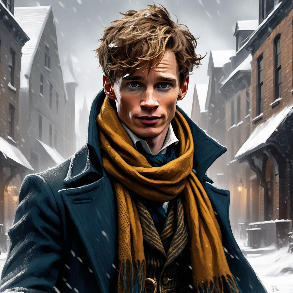Create a dark fantasy art illustration,  frank frazetta style, of Eddie Redmayne as Newt Scamander, wearing a scarf, in snowy town. Close up.