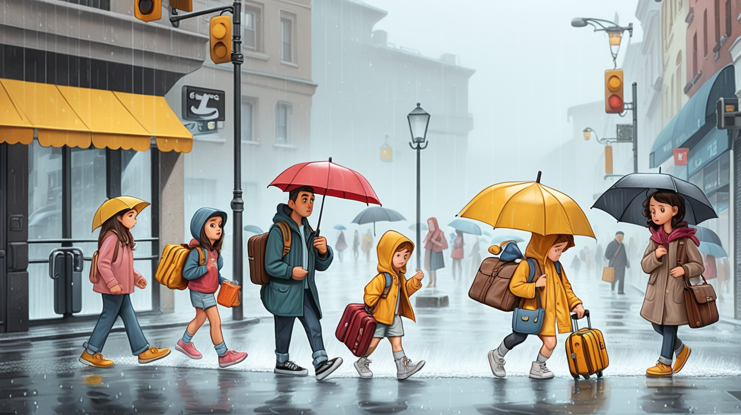lot of cartoon people walking on the street sadly with their luggage and kids walking in the rain