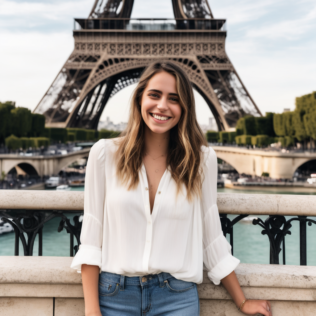 A smiling Emily Feld dressed in a long white blouse and jeans standing in front of the Eiffel Tower