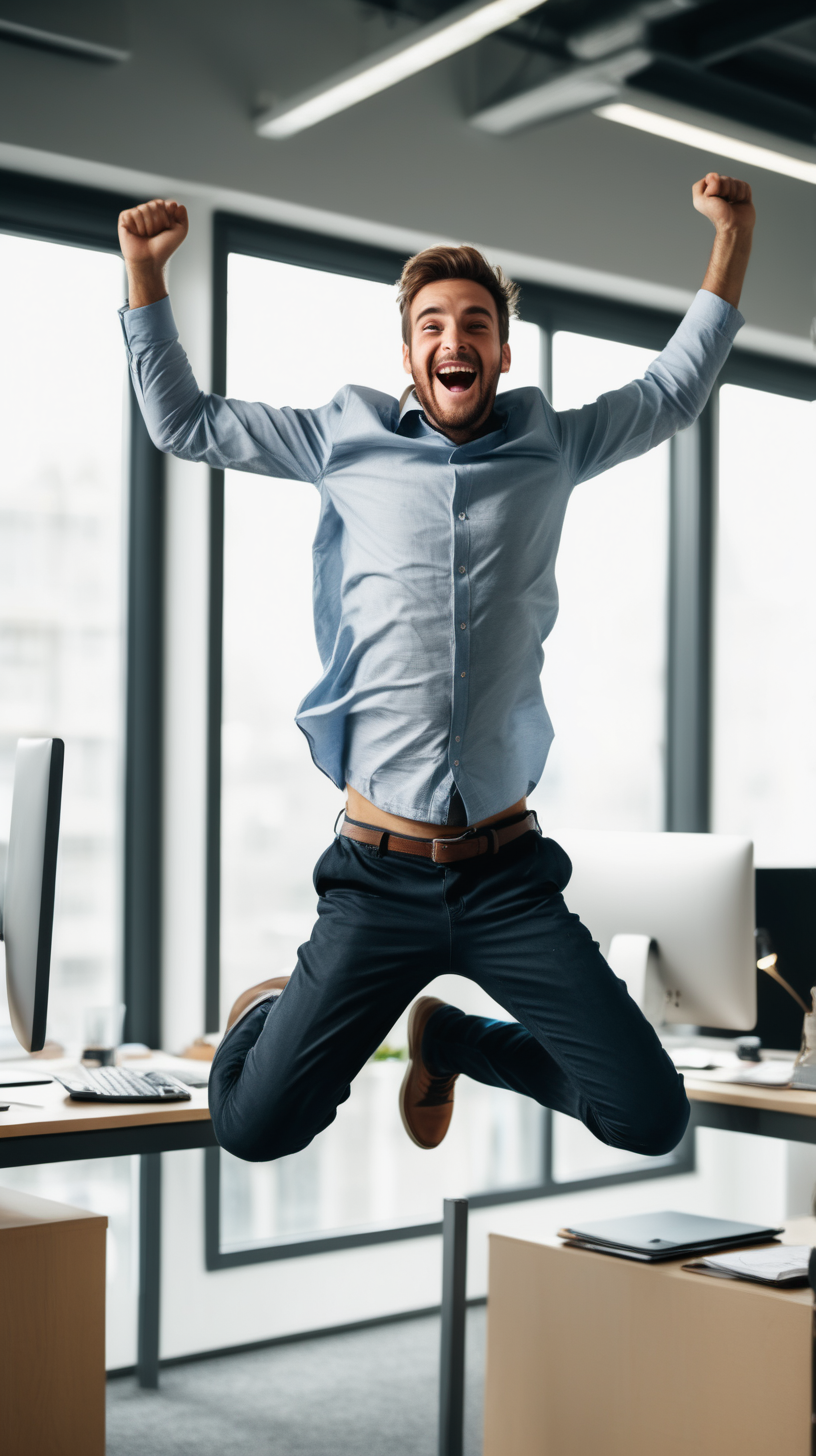 Man jumping up and down happy in his work place
