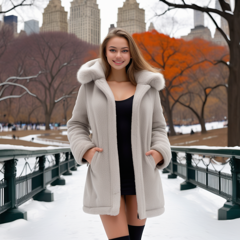 hot Russian model, 22y old, standing in the central park in New York, photorealistic, full body, wearing only a winter coat, horny/smiling face,  medium tit size