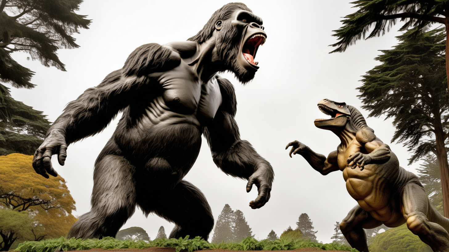 King Kong fighting a Tyrannosaurus Rex in Golden