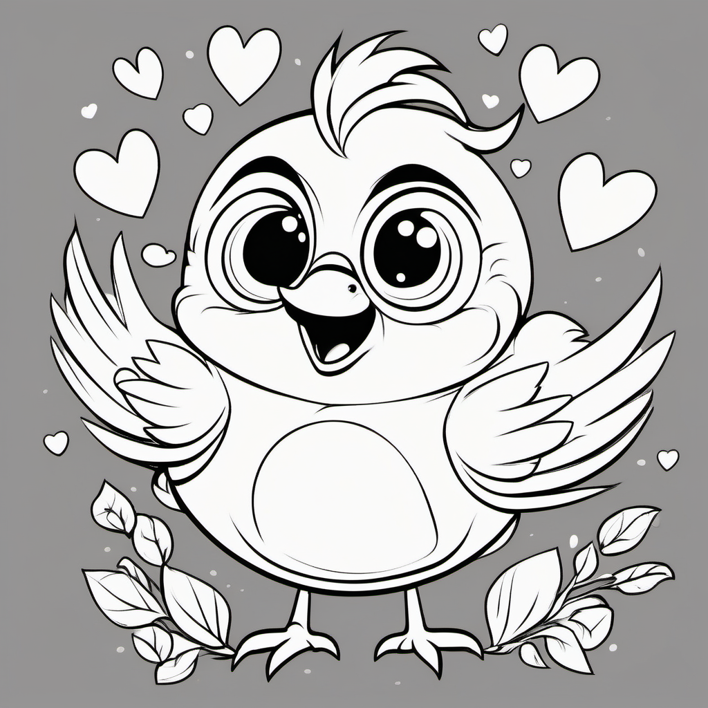super Adorable little bird line art coloring book page, valentine hearts, black and white, sweet smile, character full body, so cute, excited, big bright eyes, shiny and fluffy,
fairytale, energetic, playful, incredibly high detail, 16k, octane rendering, gorgeous, ultra wide angle.