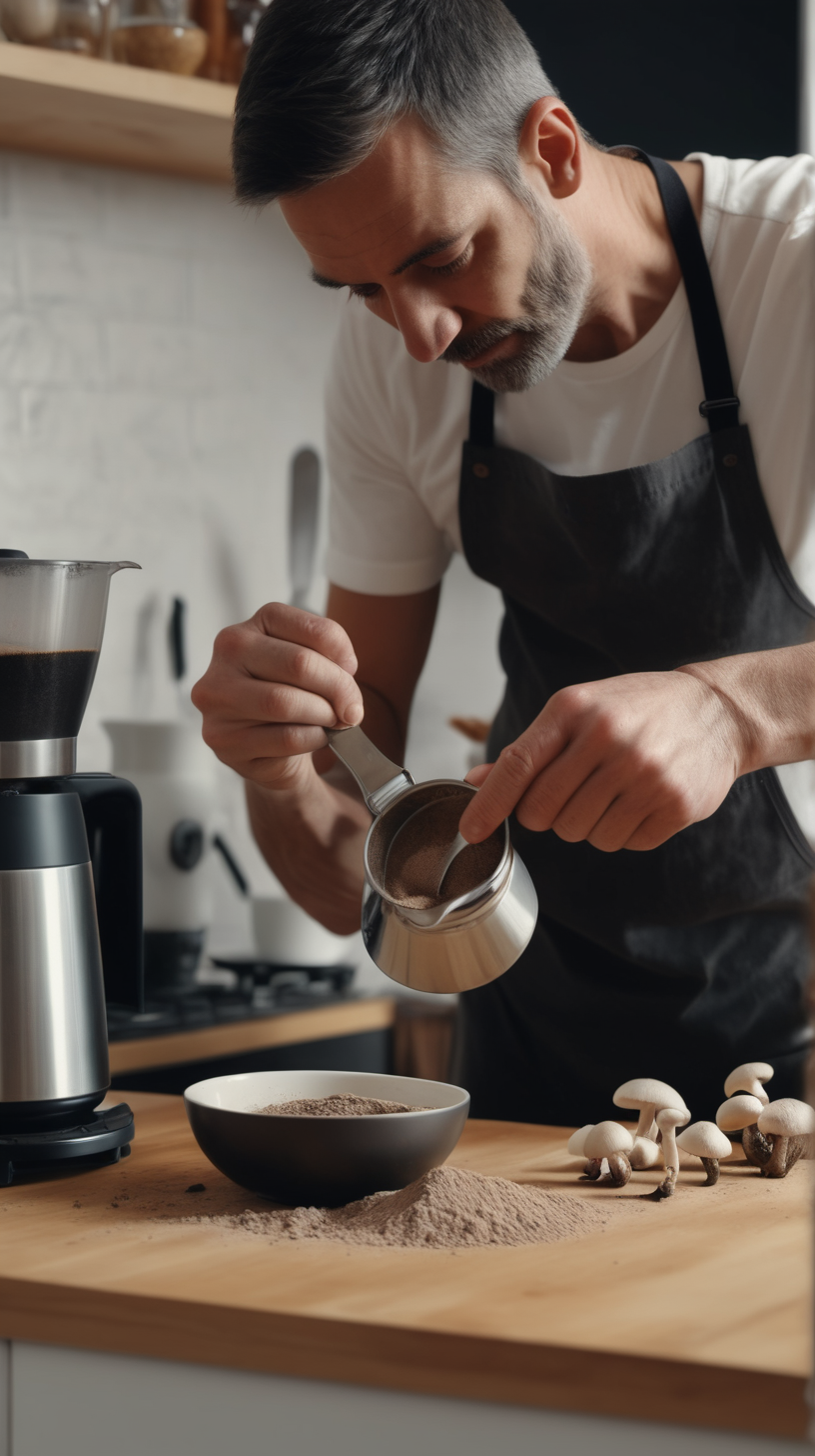 man in the kitchen scooping mushroom powder into his morning coffee 4k