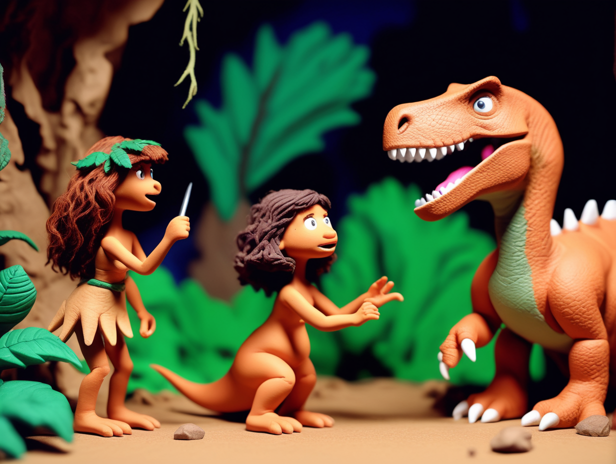 claymation stop motion Dinosaur and cute cavewoman