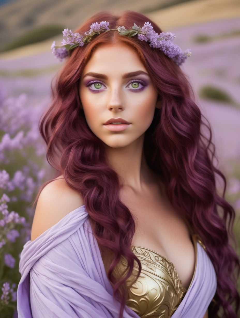 a very beautiful woman
wavy maroon hair
a heart shaped face
olive colored eyes
in a valley of flowers
wearing a sparkly lilac toga
greek goddess 